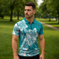 Polynesian Plumeria Flowers Tribal Zipper Polo Shirt Pacific Tattoo Teal Style LT9 - Polynesian Pride