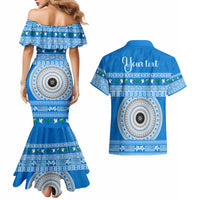 Personalised Fiji Marau Na Kerisimasi Couples Matching Mermaid Dress and Hawaiian Shirt Merry Christmas Tapa Pattern Blue Style LT9 - Polynesian Pride