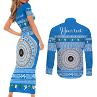 Personalised Fiji Marau Na Kerisimasi Couples Matching Short Sleeve Bodycon Dress and Long Sleeve Button Shirt Merry Christmas Tapa Pattern Blue Style LT9 - Polynesian Pride