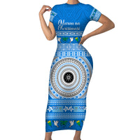 Personalised Fiji Marau Na Kerisimasi Short Sleeve Bodycon Dress Merry Christmas Tapa Pattern Blue Style LT9 Long Dress Red - Polynesian Pride