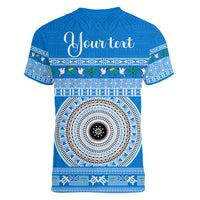 Personalised Fiji Marau Na Kerisimasi Women V Neck T Shirt Merry Christmas Tapa Pattern Blue Style LT9 - Polynesian Pride