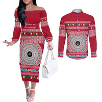 Personalised Fiji Marau Na Kerisimasi Couples Matching Off The Shoulder Long Sleeve Dress and Long Sleeve Button Shirt Merry Christmas Tapa Pattern Red Style LT9 Red - Polynesian Pride