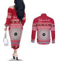 Personalised Fiji Marau Na Kerisimasi Couples Matching Off The Shoulder Long Sleeve Dress and Long Sleeve Button Shirt Merry Christmas Tapa Pattern Red Style LT9 - Polynesian Pride