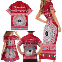 Personalised Fiji Marau Na Kerisimasi Family Matching Short Sleeve Bodycon Dress and Hawaiian Shirt Merry Christmas Tapa Pattern Red Style LT9 - Polynesian Pride