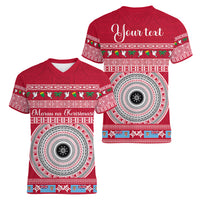Personalised Fiji Marau Na Kerisimasi Women V Neck T Shirt Merry Christmas Tapa Pattern Red Style LT9 - Polynesian Pride
