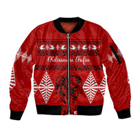 Personalised Tonga Kilisimasi Fiefia Sleeve Zip Bomber Jacket Merry Christmas with Turtle Ngatu Pattern LT9 Unisex Red - Polynesian Pride