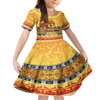 PNG Hamamas Krismas Family Matching Off Shoulder Long Sleeve Dress and Hawaiian Shirt Papua New Guinea Bird Of Paradise Merry Christmas Gold Style LT9 Daughter's Dress Gold - Polynesian Pride