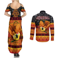 PNG Hamamas Krismas Couples Matching Summer Maxi Dress and Long Sleeve Button Shirt Papua New Guinea Bird Of Paradise Merry Christmas Black Style LT9 - Polynesian Pride