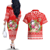 Personalised Hawaii Mele Kalikimaka Couples Matching Off The Shoulder Long Sleeve Dress and Hawaiian Shirt Santa Beach Merry Christmas LT9 - Polynesian Pride