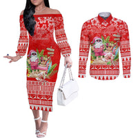 Personalised Hawaii Mele Kalikimaka Couples Matching Off The Shoulder Long Sleeve Dress and Long Sleeve Button Shirt Santa Beach Merry Christmas LT9 Red - Polynesian Pride