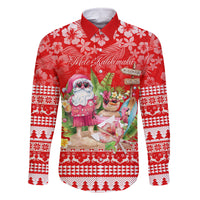 Personalised Hawaii Mele Kalikimaka Family Matching Off Shoulder Short Dress and Hawaiian Shirt Santa Beach Merry Christmas LT9 Dad's Shirt - Long Sleeve Red - Polynesian Pride
