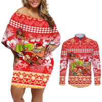 Personalised Hawaii Mele Kalikimaka Couples Matching Off Shoulder Short Dress and Long Sleeve Button Shirt Santa Claus and Hula Dancing Merry Christmas LT9 Red - Polynesian Pride