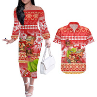 Personalised Hawaii Mele Kalikimaka Couples Matching Off The Shoulder Long Sleeve Dress and Hawaiian Shirt Santa Claus and Hula Dancing Merry Christmas LT9 Red - Polynesian Pride