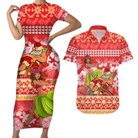 Personalised Hawaii Mele Kalikimaka Couples Matching Short Sleeve Bodycon Dress and Hawaiian Shirt Santa Claus and Hula Dancing Merry Christmas LT9 Red - Polynesian Pride
