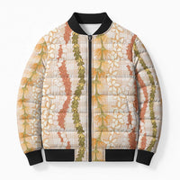 Hawaiian Ohia Lehua Lei Bomber Puffer Jacket Plaid Palaka Ahiehie Pattern LT9 Unisex Beige - Polynesian Pride