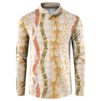 Hawaiian Ohia Lehua Lei Button Sweatshirt Plaid Palaka Ahiehie Pattern LT9 Beige - Polynesian Pride