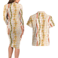 Hawaiian Ohia Lehua Lei Couples Matching Long Sleeve Bodycon Dress and Hawaiian Shirt Plaid Palaka Ahiehie Pattern - Polynesian Pride