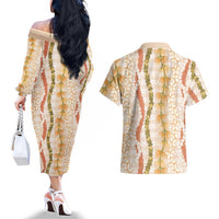 Hawaiian Ohia Lehua Lei Couples Matching Off The Shoulder Long Sleeve Dress and Hawaiian Shirt Plaid Palaka Ahiehie Pattern - Polynesian Pride