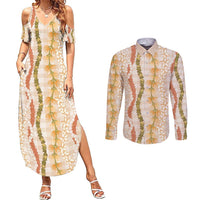 Hawaiian Ohia Lehua Lei Couples Matching Summer Maxi Dress and Long Sleeve Button Shirt Plaid Palaka Ahiehie Pattern LT9 Beige - Polynesian Pride