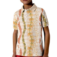 Hawaiian Ohia Lehua Lei Kid Polo Shirt Plaid Palaka Ahiehie Pattern LT9 Kid Beige - Polynesian Pride