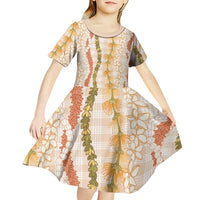 Hawaiian Ohia Lehua Lei Kid Short Sleeve Dress Plaid Palaka Ahiehie Pattern LT9 - Polynesian Pride