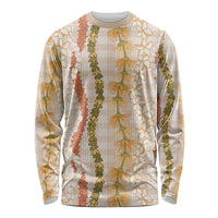 Hawaiian Ohia Lehua Lei Long Sleeve Shirt Plaid Palaka Ahiehie Pattern LT9 Unisex Beige - Polynesian Pride