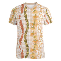 Hawaiian Ohia Lehua Lei Women V-Neck T-Shirt Plaid Palaka Ahiehie Pattern LT9 Female Beige - Polynesian Pride