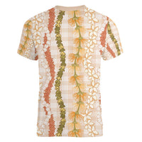 Hawaiian Ohia Lehua Lei Women V-Neck T-Shirt Plaid Palaka Ahiehie Pattern LT9 - Polynesian Pride