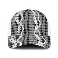 Hawaiian Ohia Lehua Lei Baseball Net Cap Plaid Palaka Eleele Pattern LT9 One Size White Black - Polynesian Pride