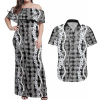 Hawaiian Ohia Lehua Lei Couples Matching Off Shoulder Maxi Dress and Hawaiian Shirt Plaid Palaka Eleele Pattern LT9 Black - Polynesian Pride