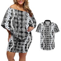Hawaiian Ohia Lehua Lei Couples Matching Off Shoulder Short Dress and Hawaiian Shirt Plaid Palaka Eleele Pattern LT9 Black - Polynesian Pride