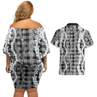 Hawaiian Ohia Lehua Lei Couples Matching Off Shoulder Short Dress and Hawaiian Shirt Plaid Palaka Eleele Pattern LT9 - Polynesian Pride