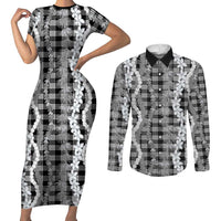 Hawaiian Ohia Lehua Lei Couples Matching Short Sleeve Bodycon Dress and Long Sleeve Button Shirt Plaid Palaka Eleele Pattern LT9 Black - Polynesian Pride