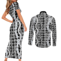 Hawaiian Ohia Lehua Lei Couples Matching Short Sleeve Bodycon Dress and Long Sleeve Button Shirt Plaid Palaka Eleele Pattern LT9 - Polynesian Pride