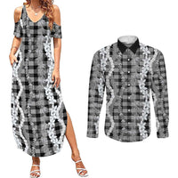 Hawaiian Ohia Lehua Lei Couples Matching Summer Maxi Dress and Long Sleeve Button Shirt Plaid Palaka Eleele Pattern LT9 Black - Polynesian Pride