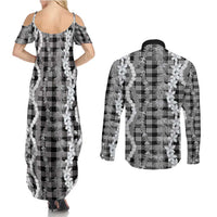 Hawaiian Ohia Lehua Lei Couples Matching Summer Maxi Dress and Long Sleeve Button Shirt Plaid Palaka Eleele Pattern LT9 - Polynesian Pride