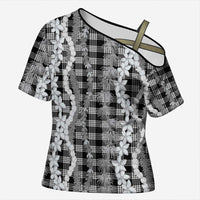 Hawaiian Ohia Lehua Lei Cross Shoulder Shirt Plaid Palaka Eleele Pattern LT9 Female Black - Polynesian Pride
