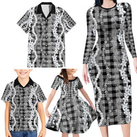 Hawaiian Ohia Lehua Lei Family Matching Long Sleeve Bodycon Dress and Hawaiian Shirt Plaid Palaka Eleele Pattern - Polynesian Pride