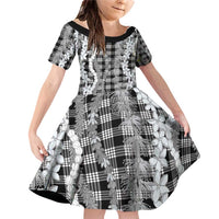 Hawaiian Ohia Lehua Lei Family Matching Off Shoulder Short Dress and Hawaiian Shirt Plaid Palaka Eleele Pattern LT9 Daughter's Dress Black - Polynesian Pride