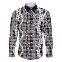 Hawaiian Ohia Lehua Lei Family Matching Off Shoulder Short Dress and Hawaiian Shirt Plaid Palaka Eleele Pattern LT9 Dad's Shirt - Long Sleeve Black - Polynesian Pride