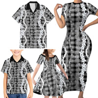 Hawaiian Ohia Lehua Lei Family Matching Short Sleeve Bodycon Dress and Hawaiian Shirt Plaid Palaka Eleele Pattern - Polynesian Pride