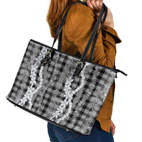 Hawaiian Ohia Lehua Lei Leather Tote Bag Plaid Palaka Eleele Pattern LT9 - Polynesian Pride