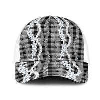Hawaiian Ohia Lehua Lei Mesh Trucker Cap Plaid Palaka Eleele Pattern LT9 One Size White Black - Polynesian Pride