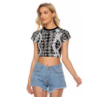 Hawaiian Ohia Lehua Lei Raglan Cropped T Shirt Plaid Palaka Eleele Pattern LT9 Female Black - Polynesian Pride