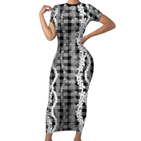 Hawaiian Ohia Lehua Lei Short Sleeve Bodycon Dress Plaid Palaka Eleele Pattern LT9 Long Dress Black - Polynesian Pride