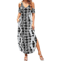 Hawaiian Ohia Lehua Lei Summer Maxi Dress Plaid Palaka Eleele Pattern LT9 Women Black - Polynesian Pride