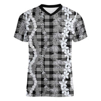 Hawaiian Ohia Lehua Lei Women V-Neck T-Shirt Plaid Palaka Eleele Pattern LT9 Female Black - Polynesian Pride