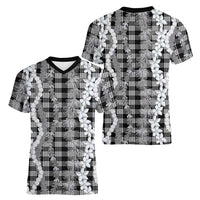 Hawaiian Ohia Lehua Lei Women V-Neck T-Shirt Plaid Palaka Eleele Pattern LT9 - Polynesian Pride