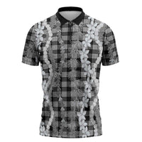 Hawaiian Ohia Lehua Lei Zipper Polo Shirt Plaid Palaka Eleele Pattern LT9 Black - Polynesian Pride