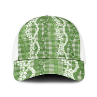 Hawaiian Ohia Lehua Lei Baseball Net Cap Plaid Palaka Omaomao Pattern LT9 One Size White Green - Polynesian Pride